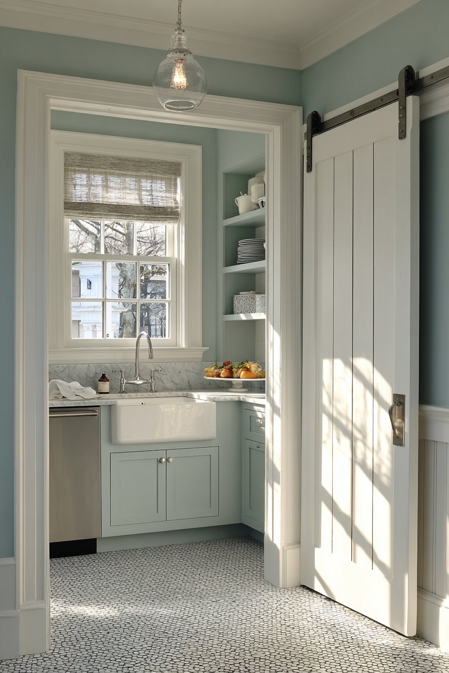 Sliding Barn Door Pantry in Sage Green