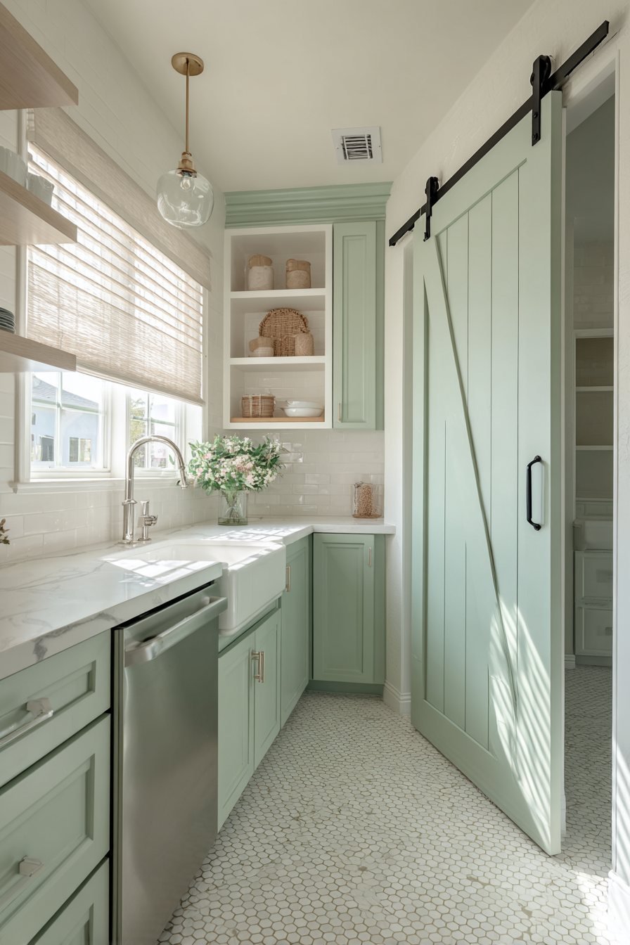 Sliding Barn Door Pantry in Sage Green