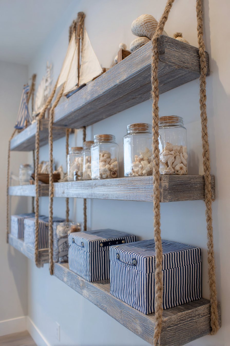 Coastal Nautical Driftwood-Style Rope Detail Shelves