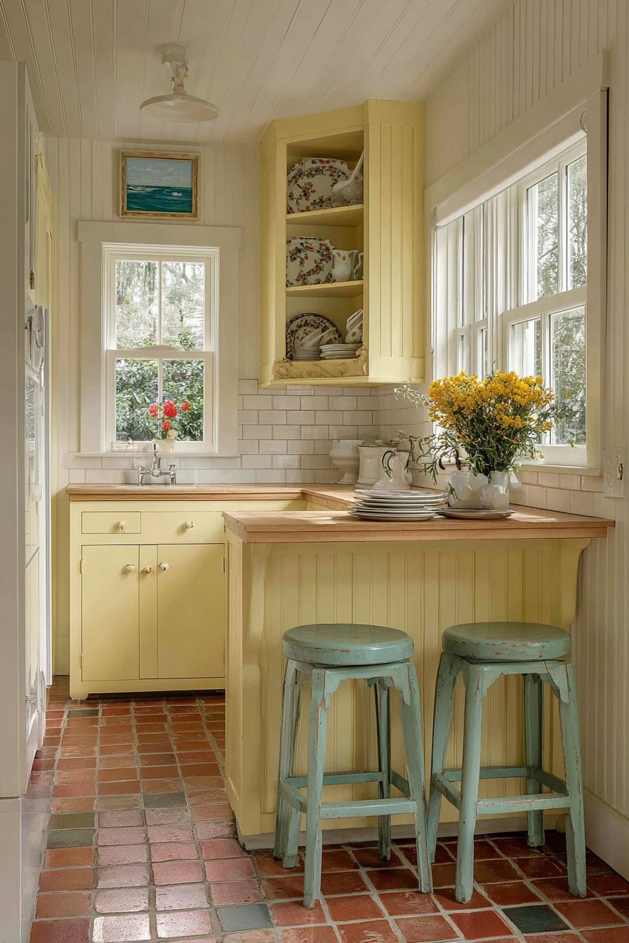 Pale Yellow Breakfast Bar Kitchen