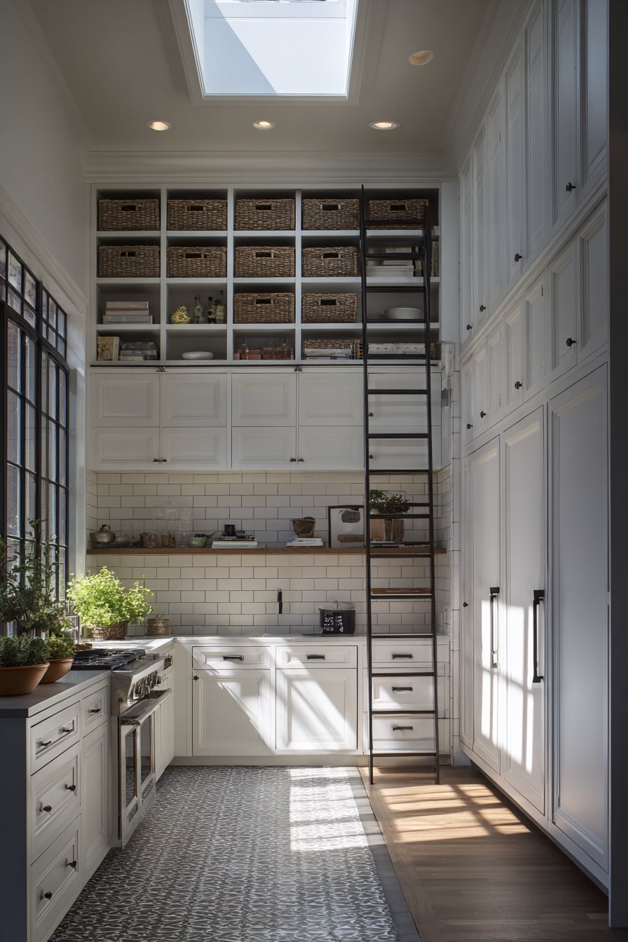 Vertical Storage with Rolling Library Ladder