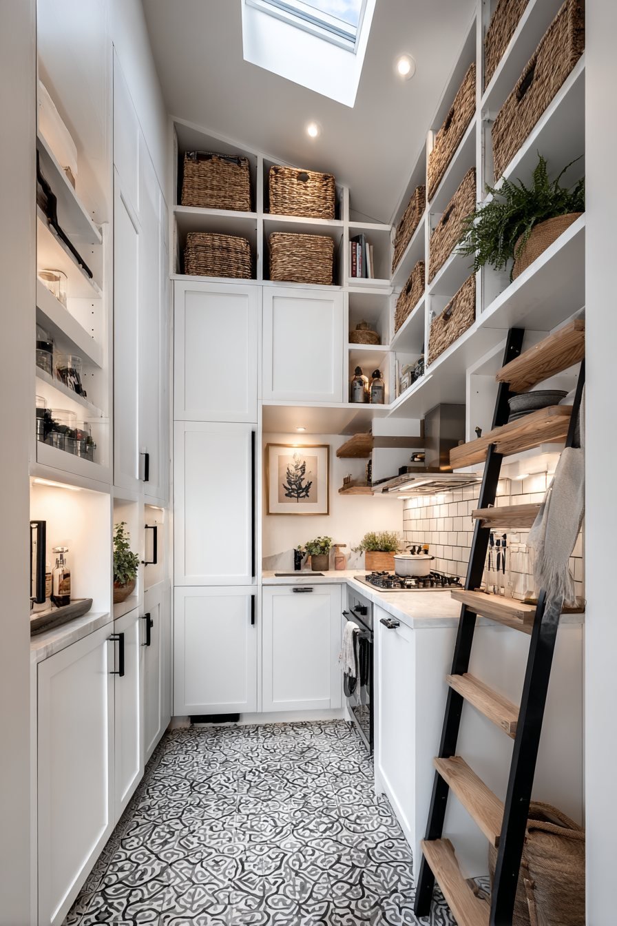 Vertical Storage with Rolling Library Ladder