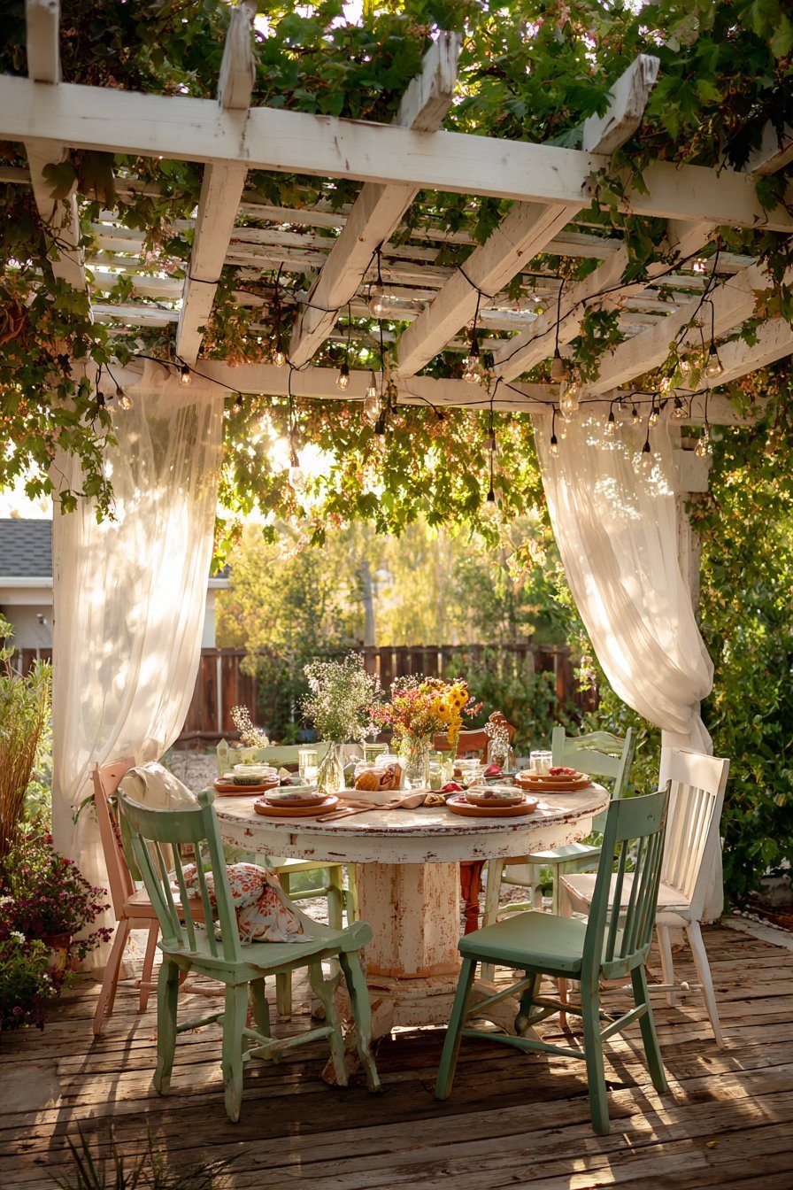 White Pergola with Sheer Curtains