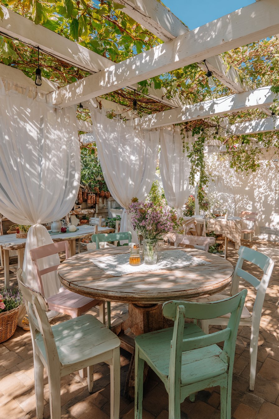 White Pergola with Sheer Curtains