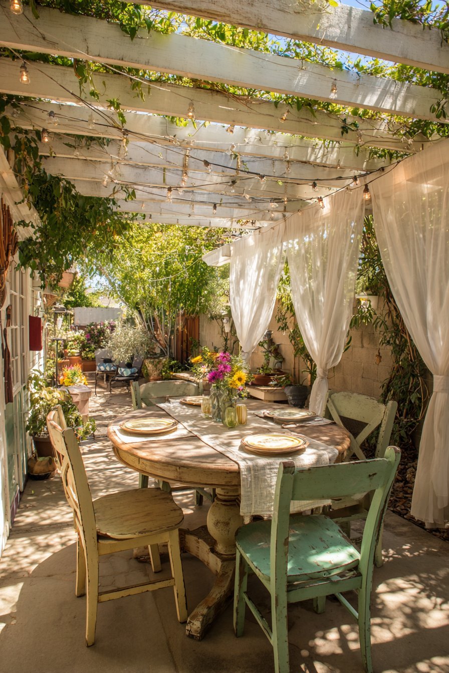 White Pergola with Sheer Curtains