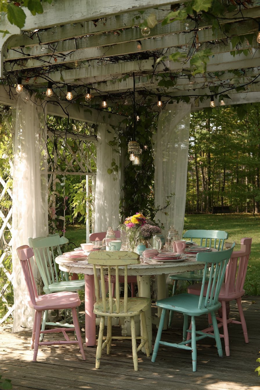 White Pergola with Sheer Curtains