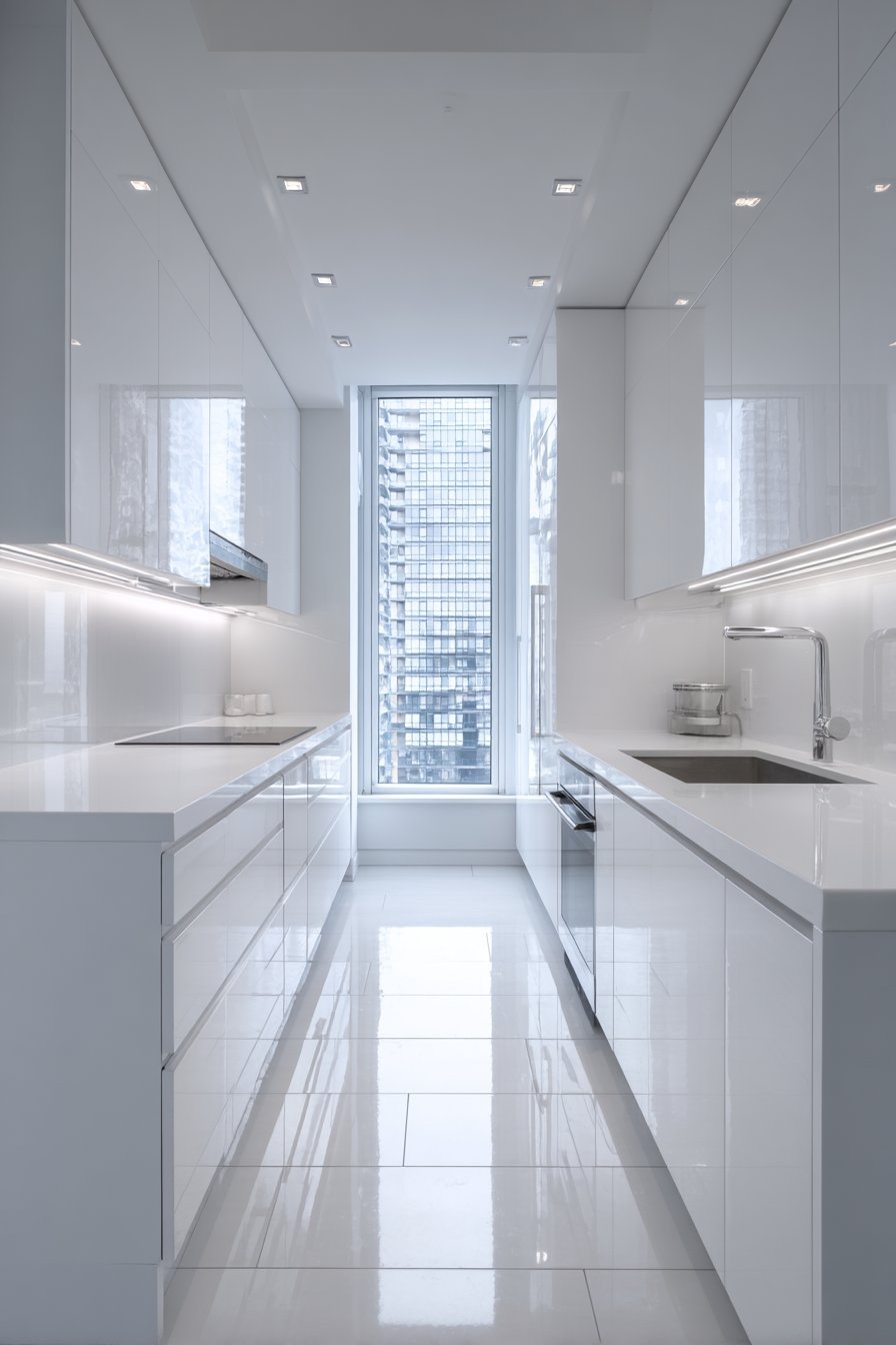 High-Gloss White Galley with Glass Backsplash