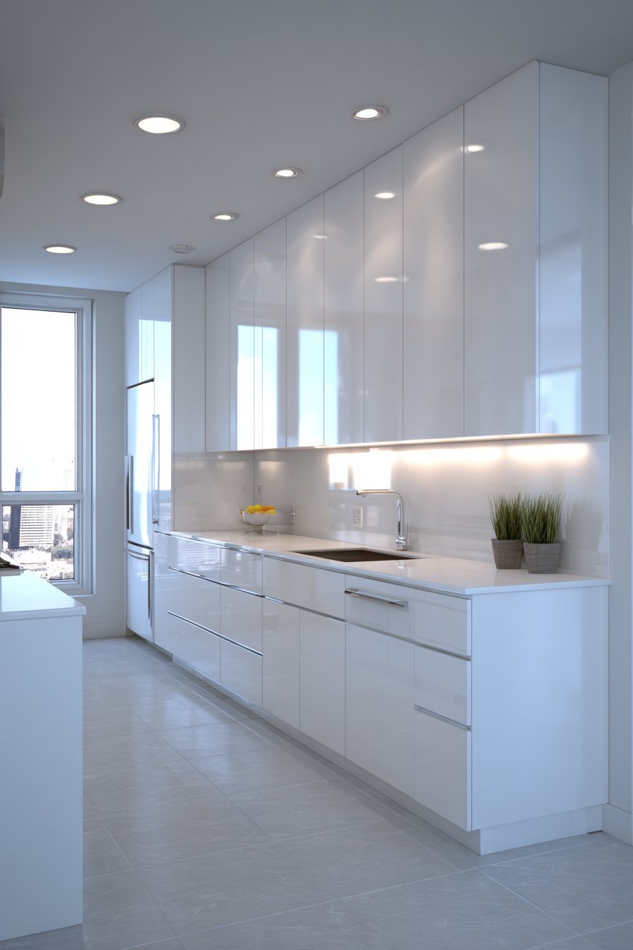 High-Gloss White Galley with Glass Backsplash