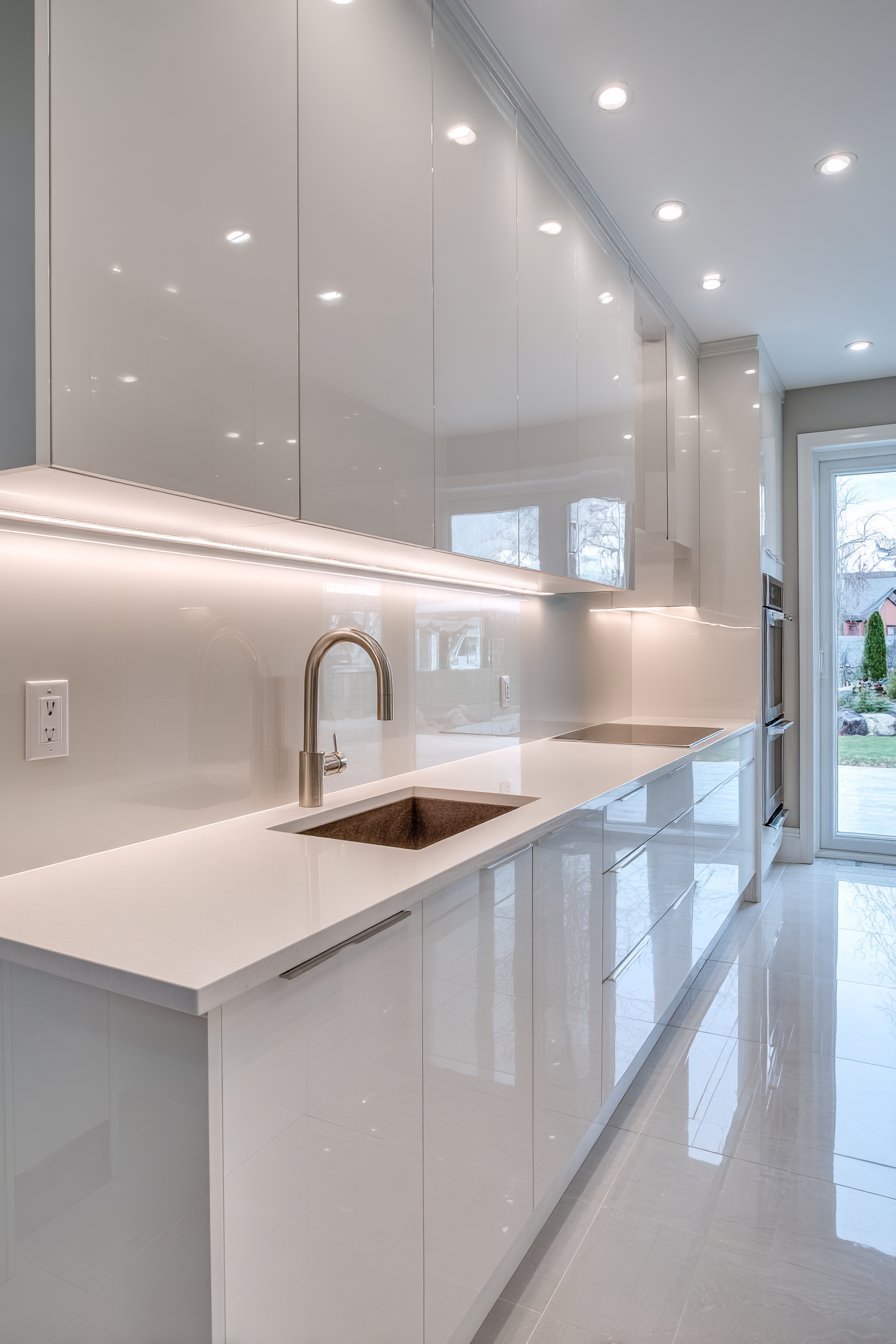 High-Gloss White Galley with Glass Backsplash
