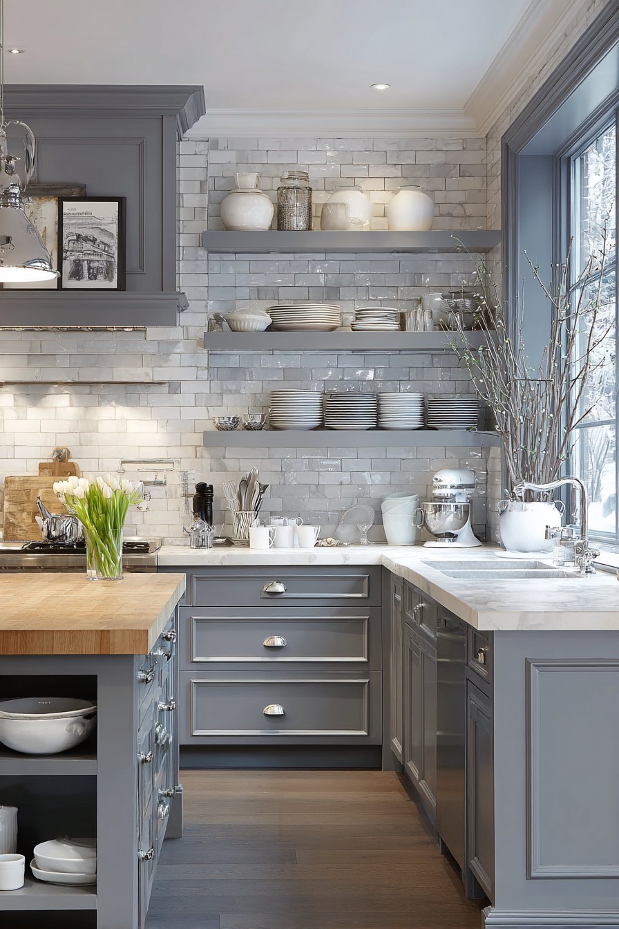 Transitional Grey Shaker with Butcher Block Island