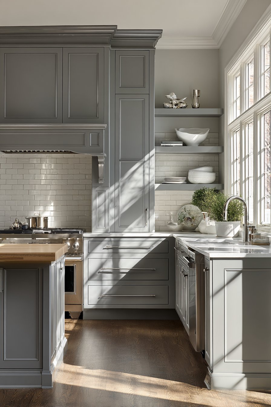 Transitional Grey Shaker with Butcher Block Island