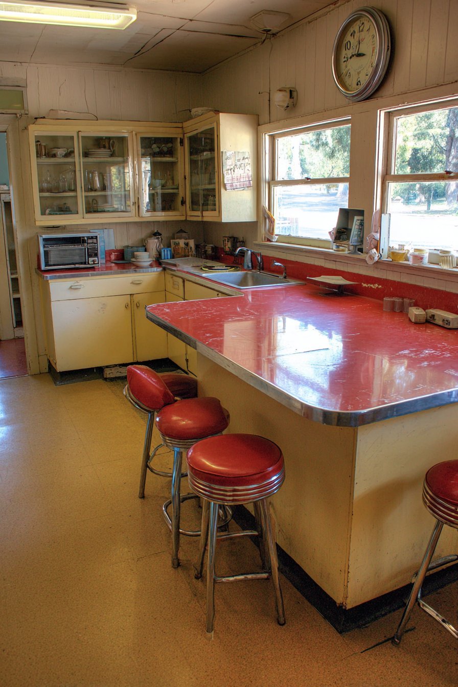 Red Laminate Breakfast Bar Diner-Style Kitchen