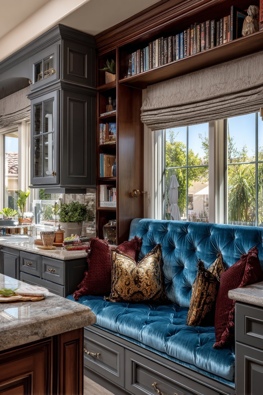 Sapphire Velvet Window Seat Reading Nook