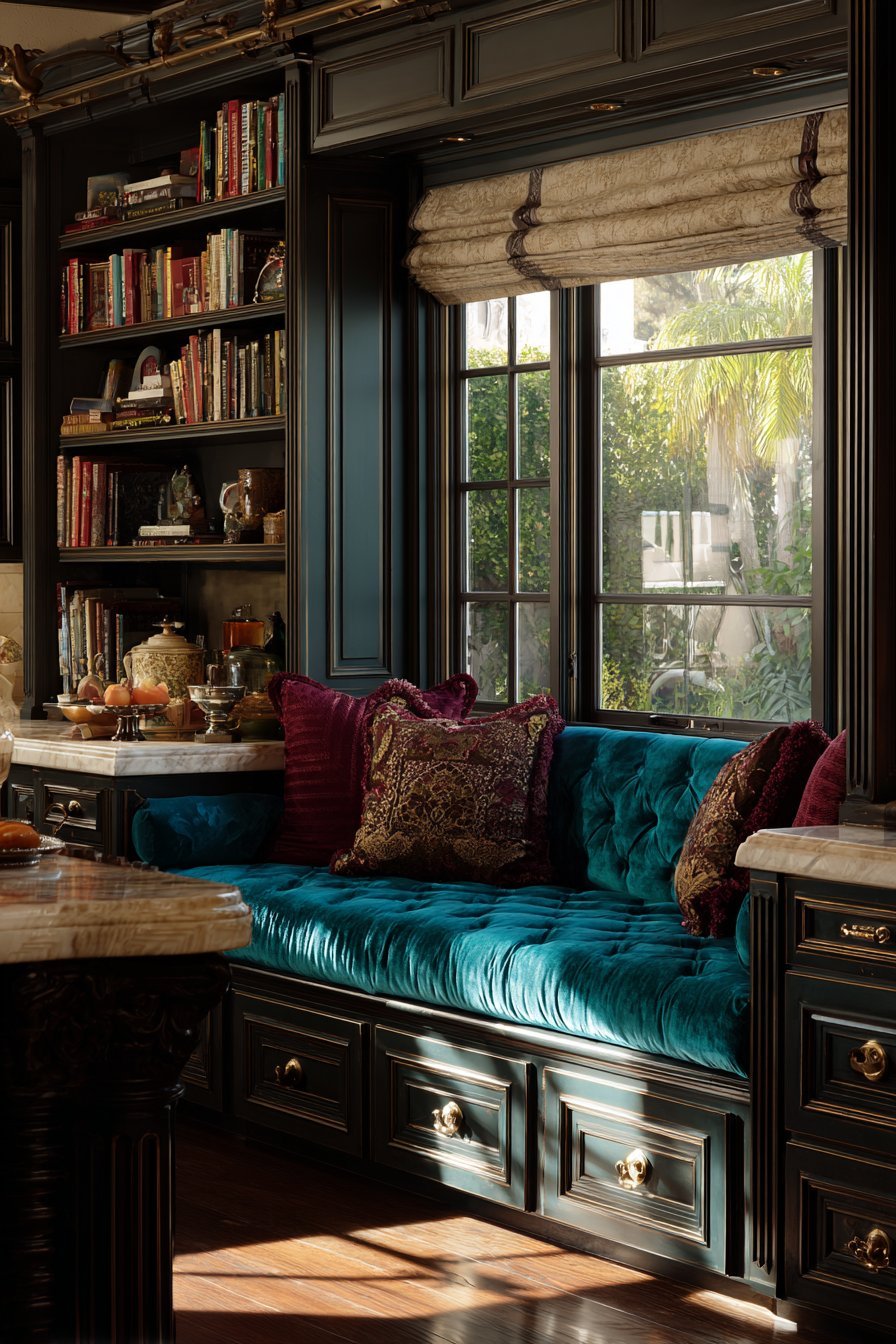 Sapphire Velvet Window Seat Reading Nook