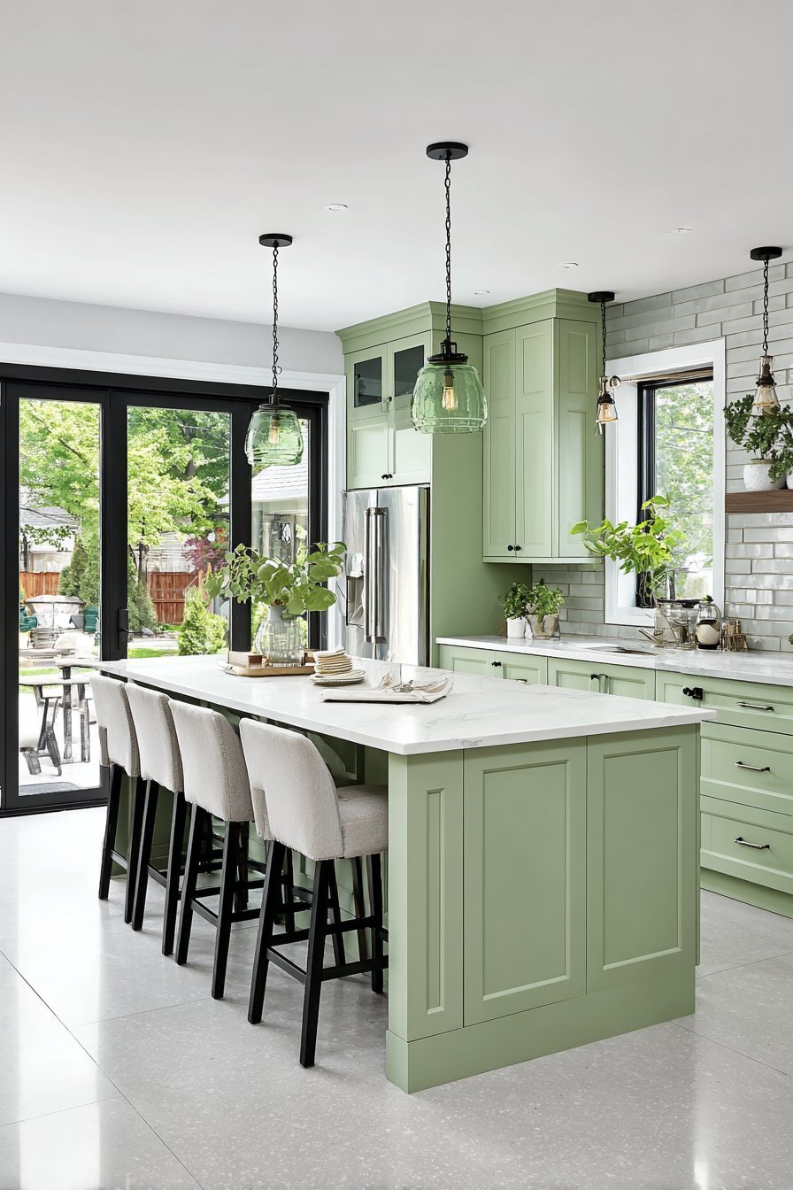 Open Concept Sage Kitchen with Island Seating