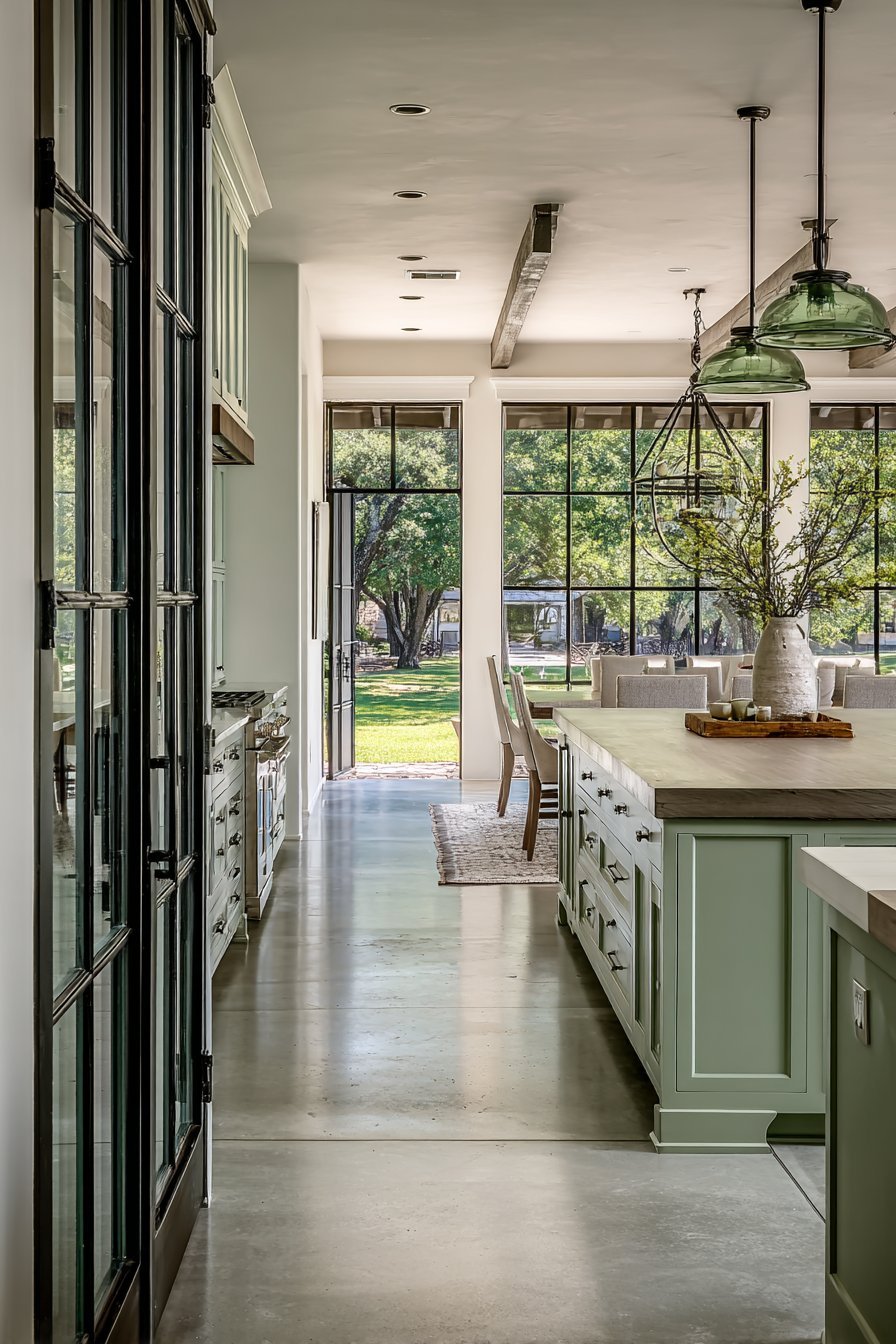 Open Concept Sage Kitchen with Island Seating