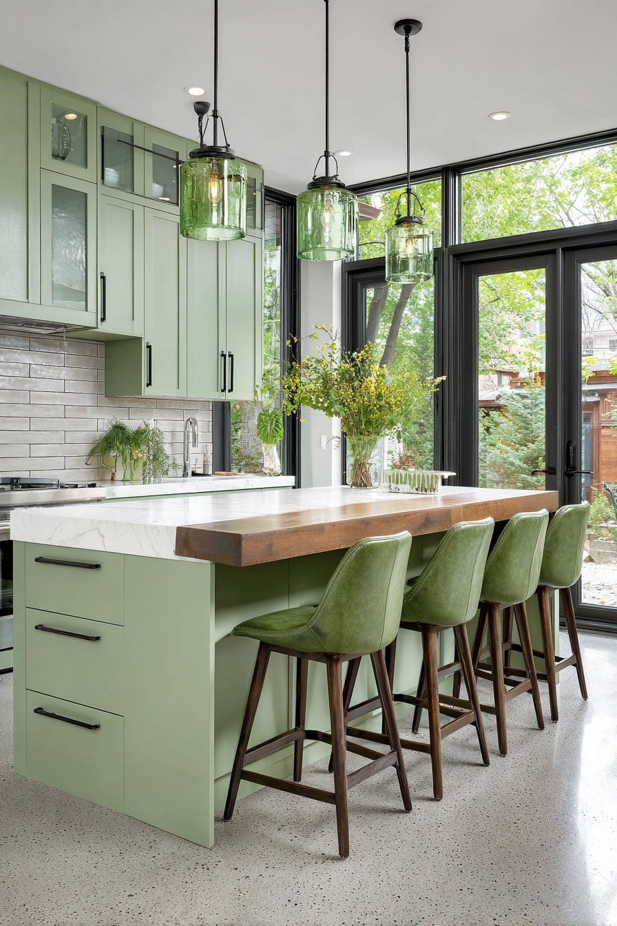 Open Concept Sage Kitchen with Island Seating