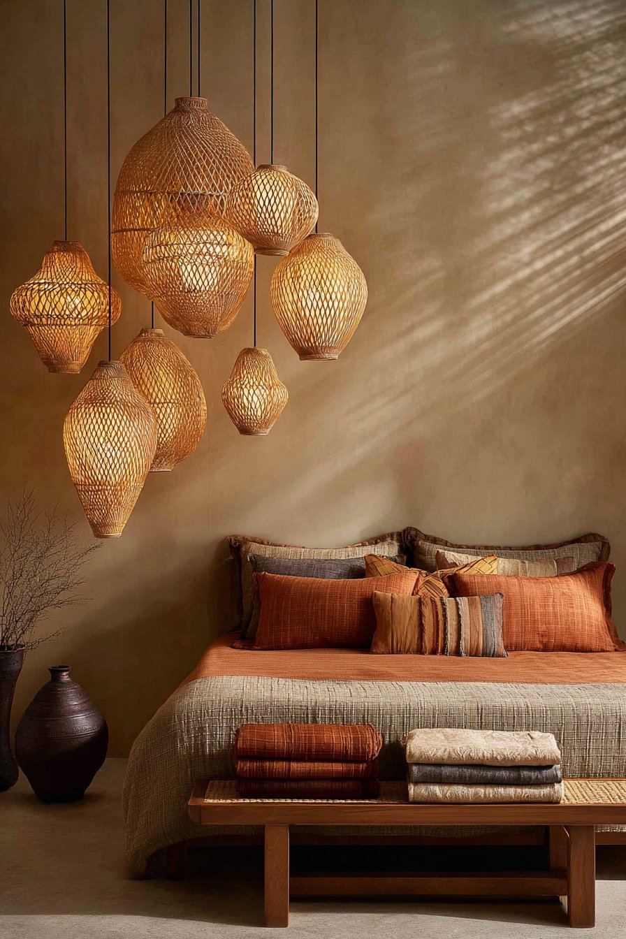 Layered Rattan Pendant Light Installation
