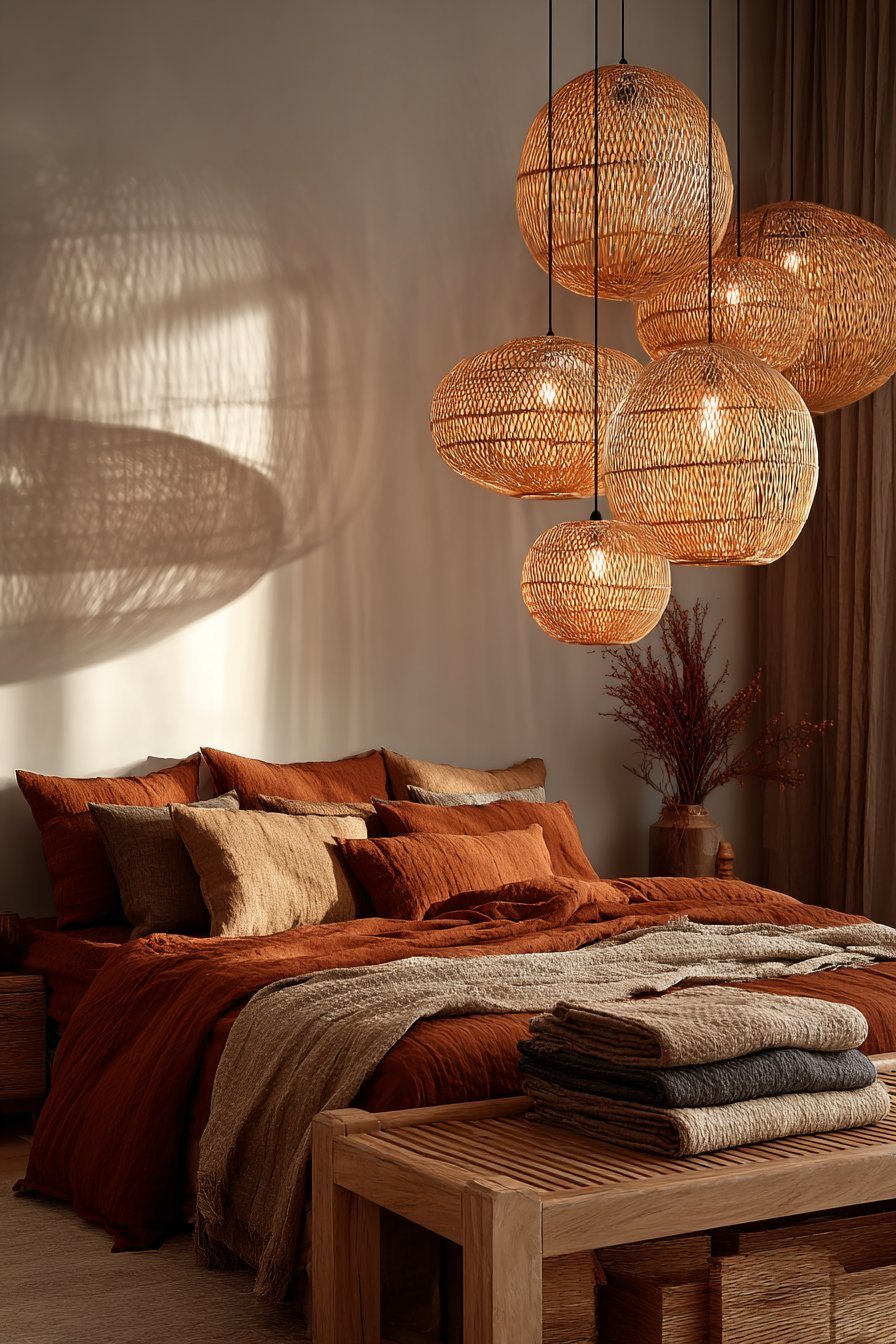 Layered Rattan Pendant Light Installation