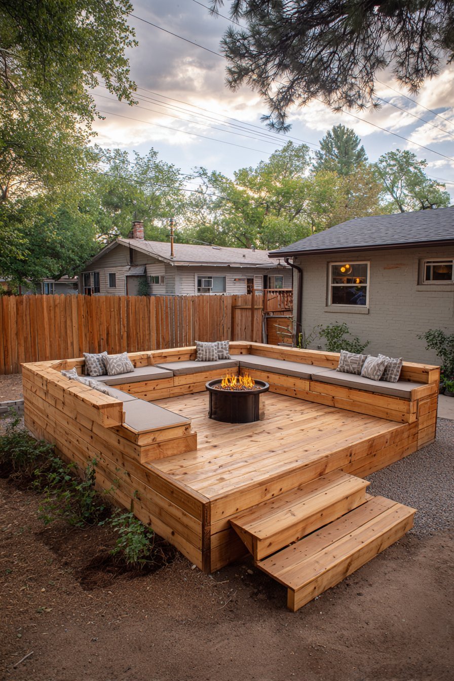 Ground-Level Pine Deck with Built-In Seating
