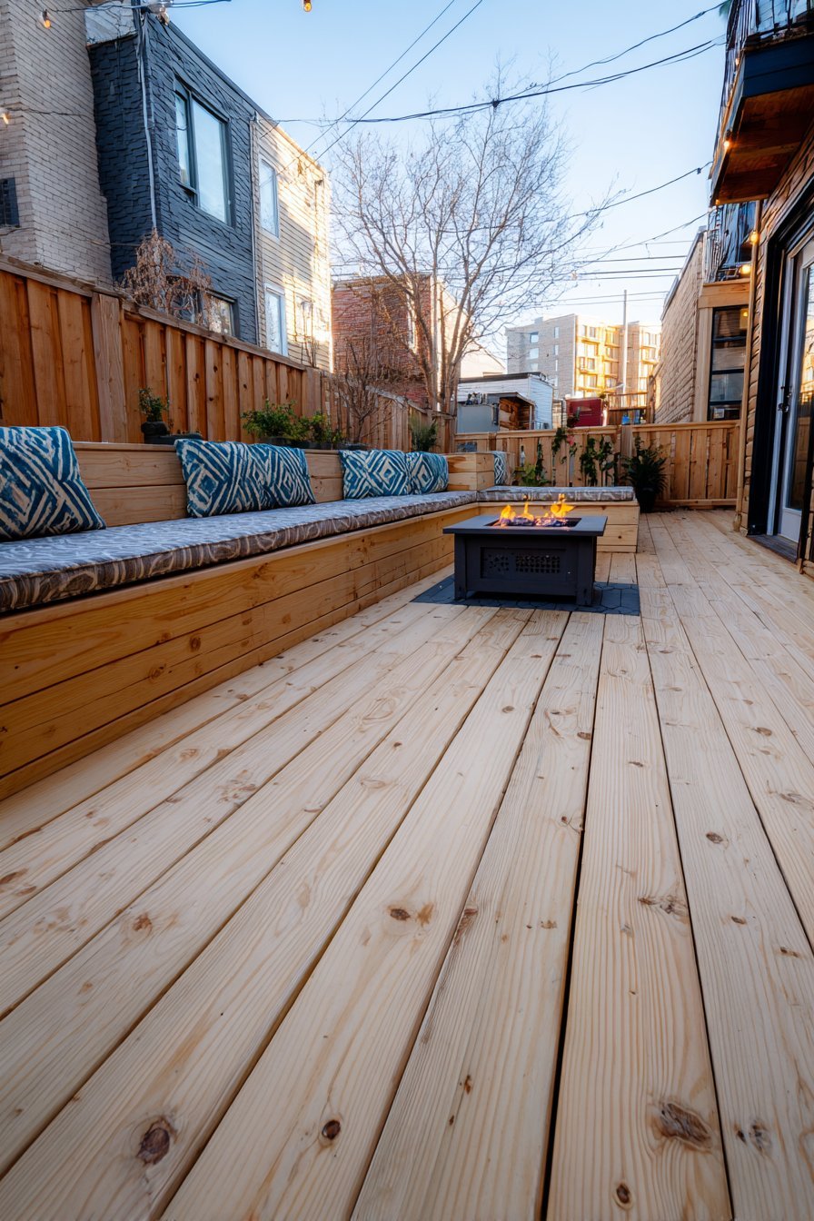 Ground-Level Pine Deck with Built-In Seating