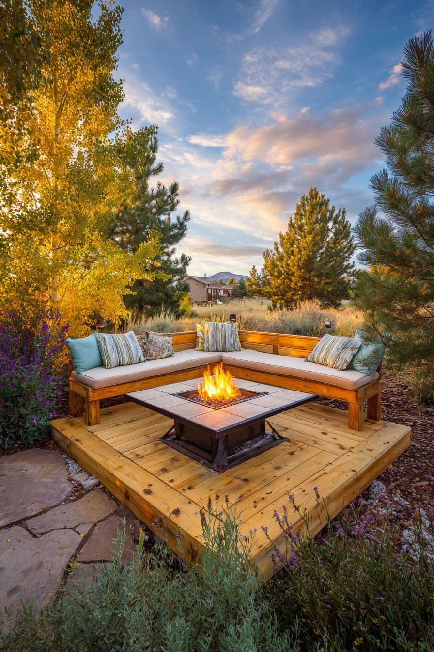Ground-Level Pine Deck with Built-In Seating