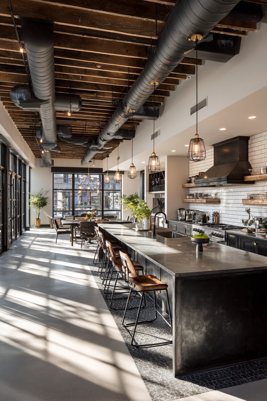 Exposed Steel Beams with Zinc Countertops