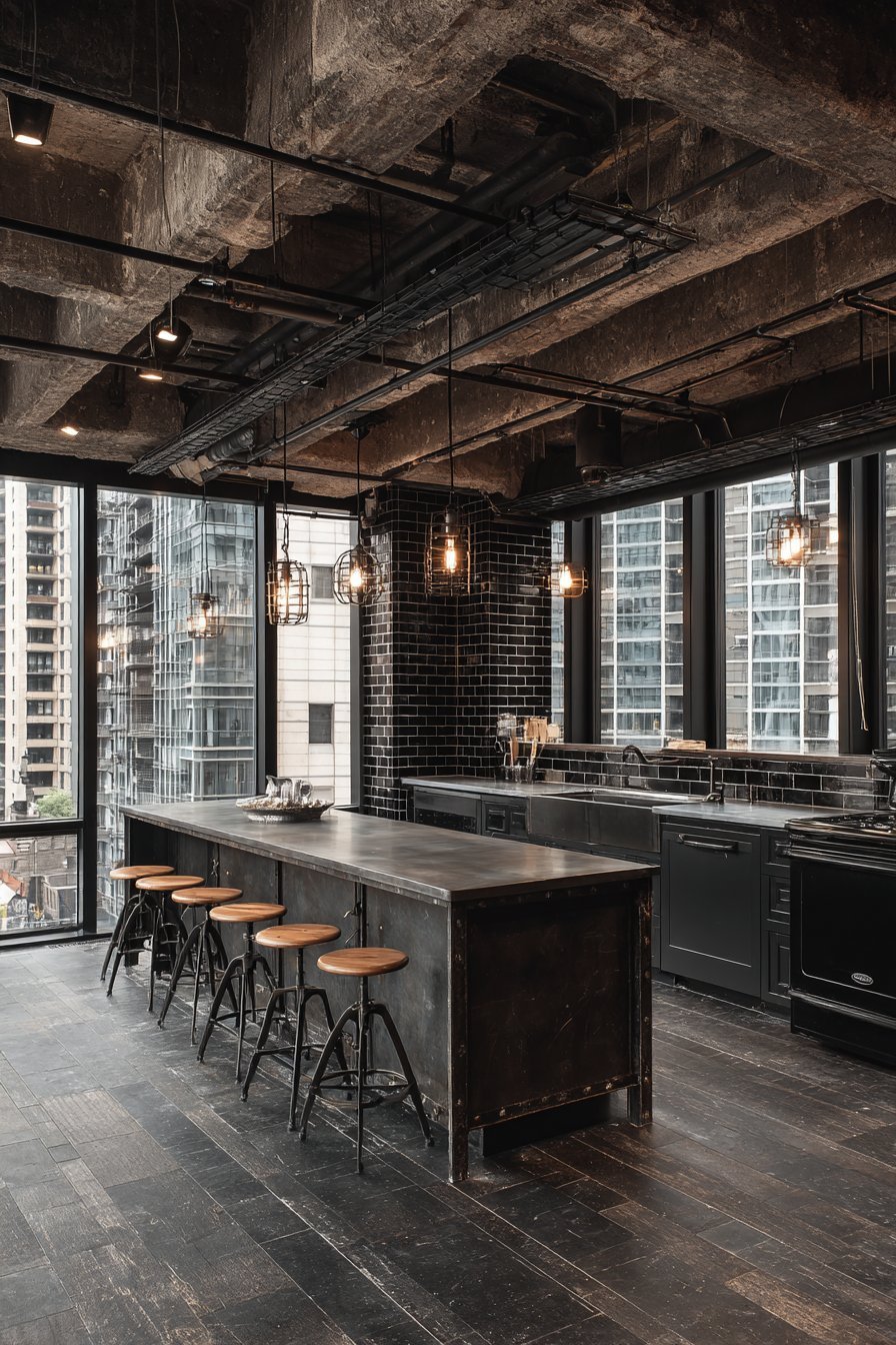 Exposed Steel Beams with Zinc Countertops