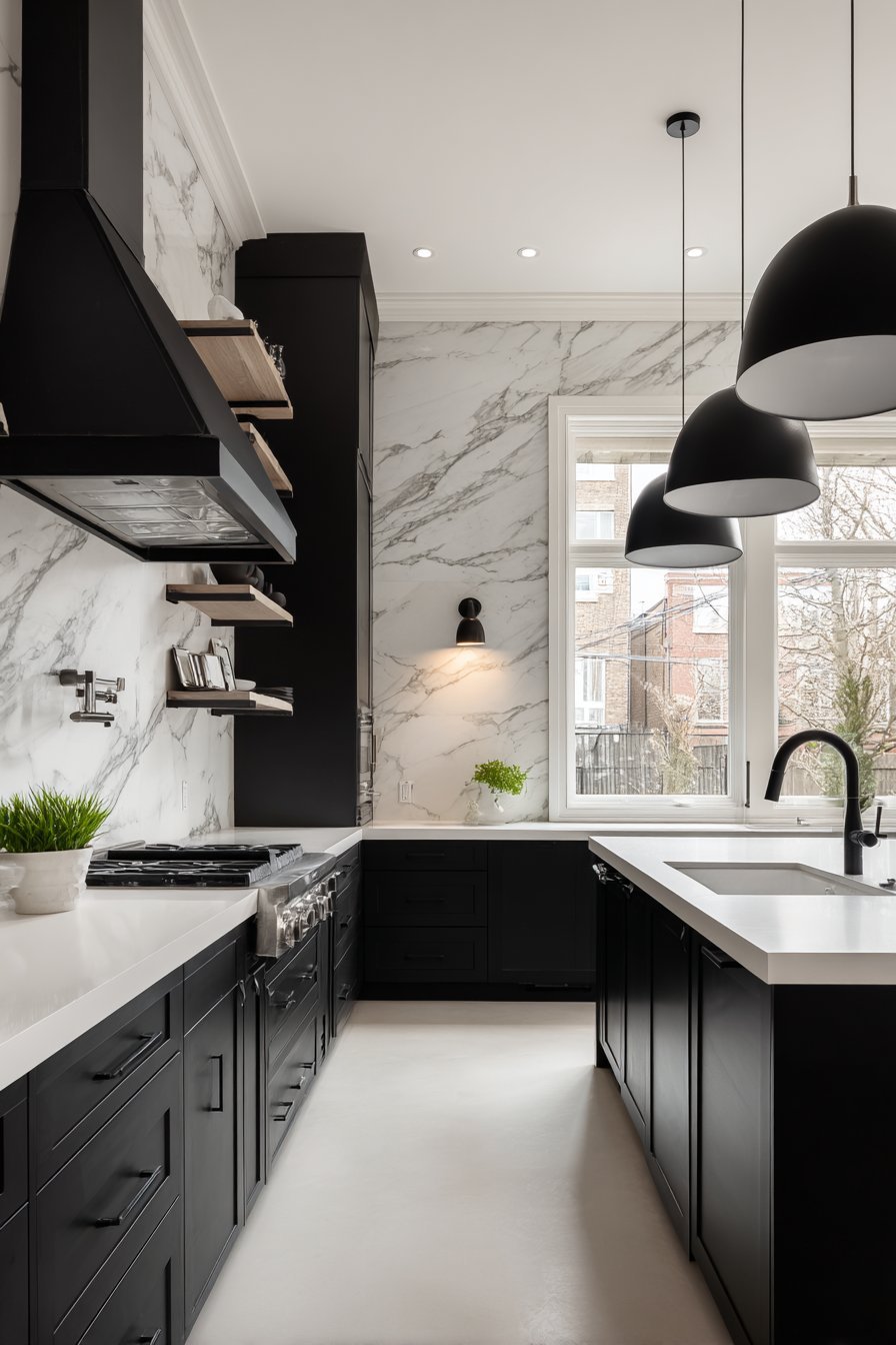 Black Base Cabinets with Open Metal Shelving