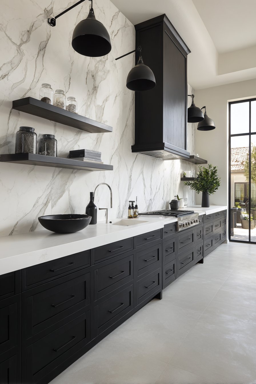 Black Base Cabinets with Open Metal Shelving