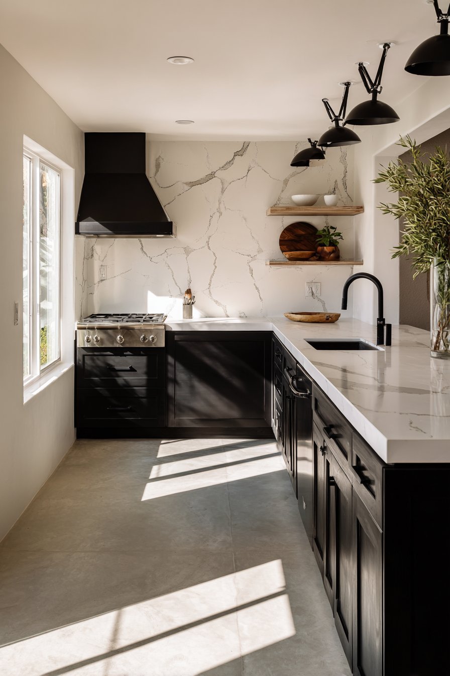 Black Base Cabinets with Open Metal Shelving