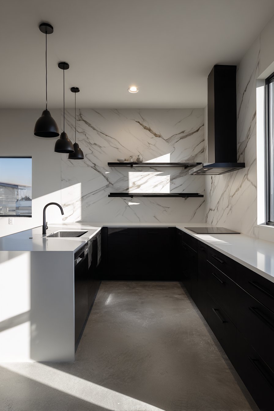 Black Base Cabinets with Open Metal Shelving