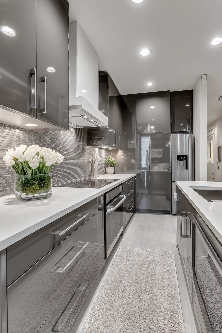 Sleek Grey Galley with Glass Mosaic Shimmer