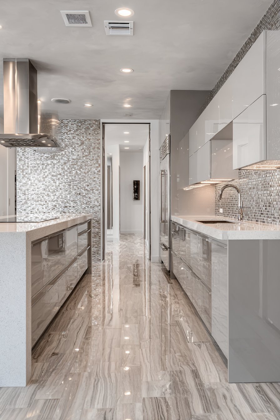 Sleek Grey Galley with Glass Mosaic Shimmer