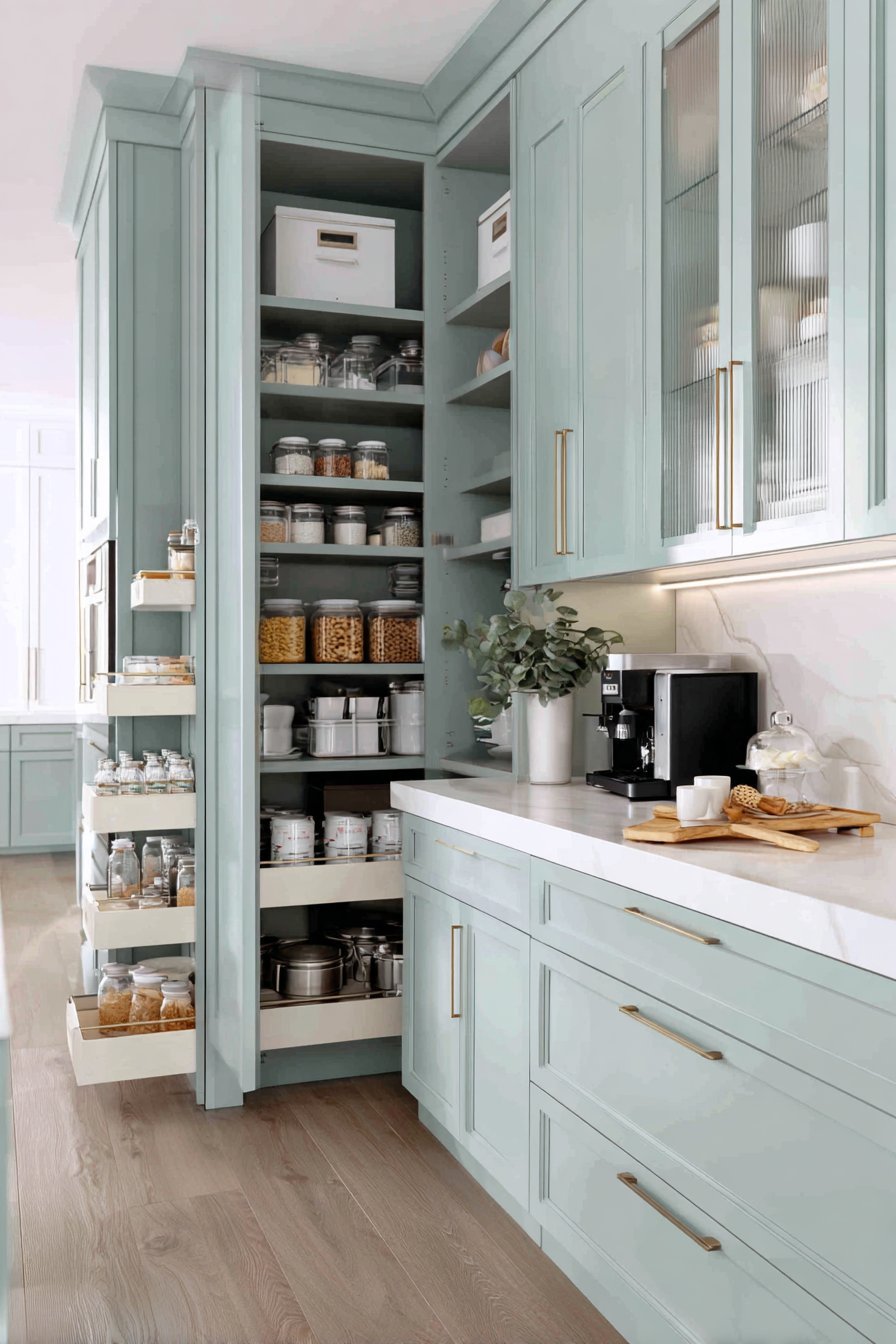 Organized Mint Green Kitchen Pantry
