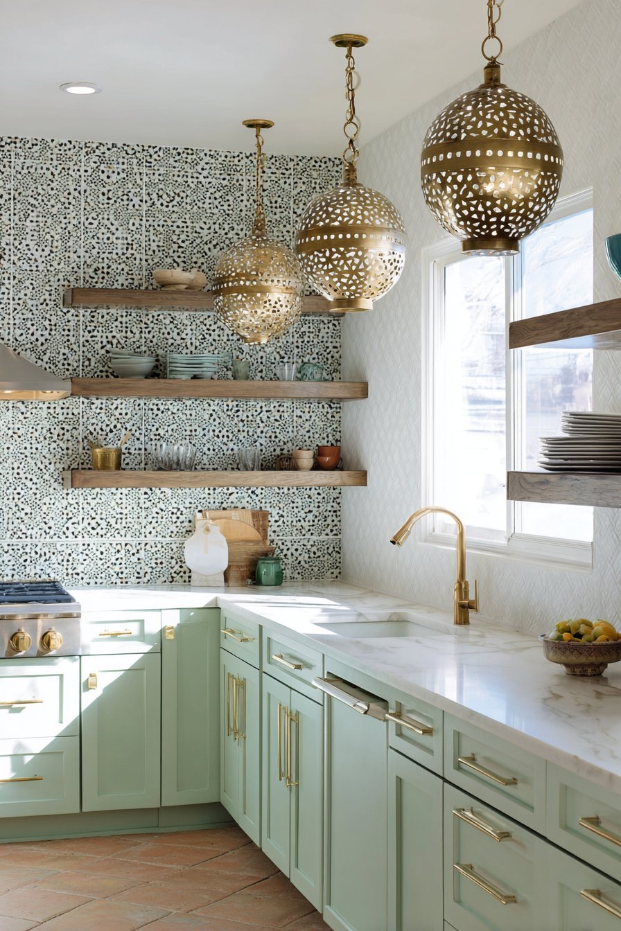 Mediterranean-Inspired Green Kitchen with Patterned Tile