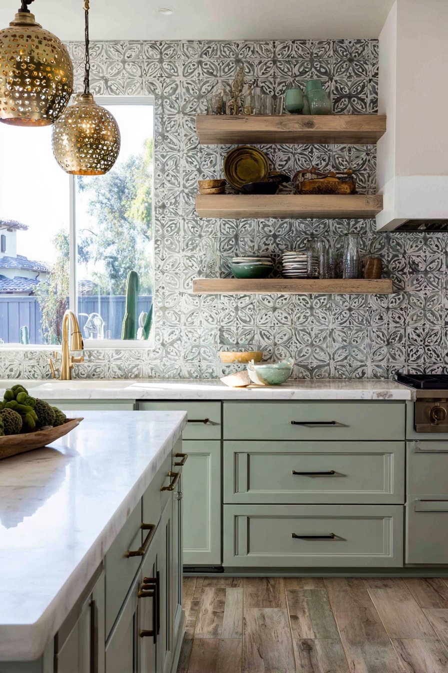 Mediterranean-Inspired Green Kitchen with Patterned Tile