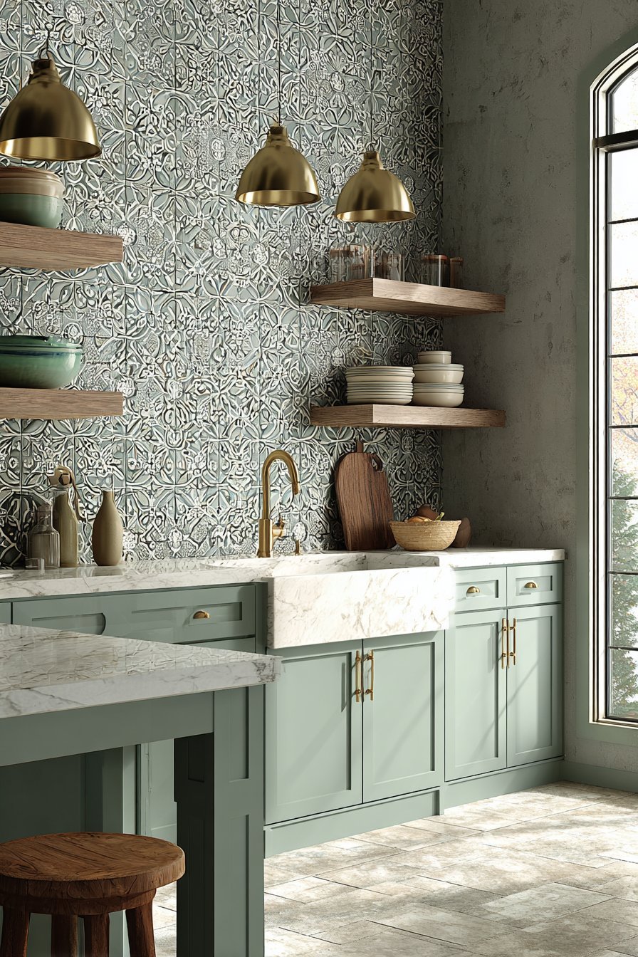 Mediterranean-Inspired Green Kitchen with Patterned Tile