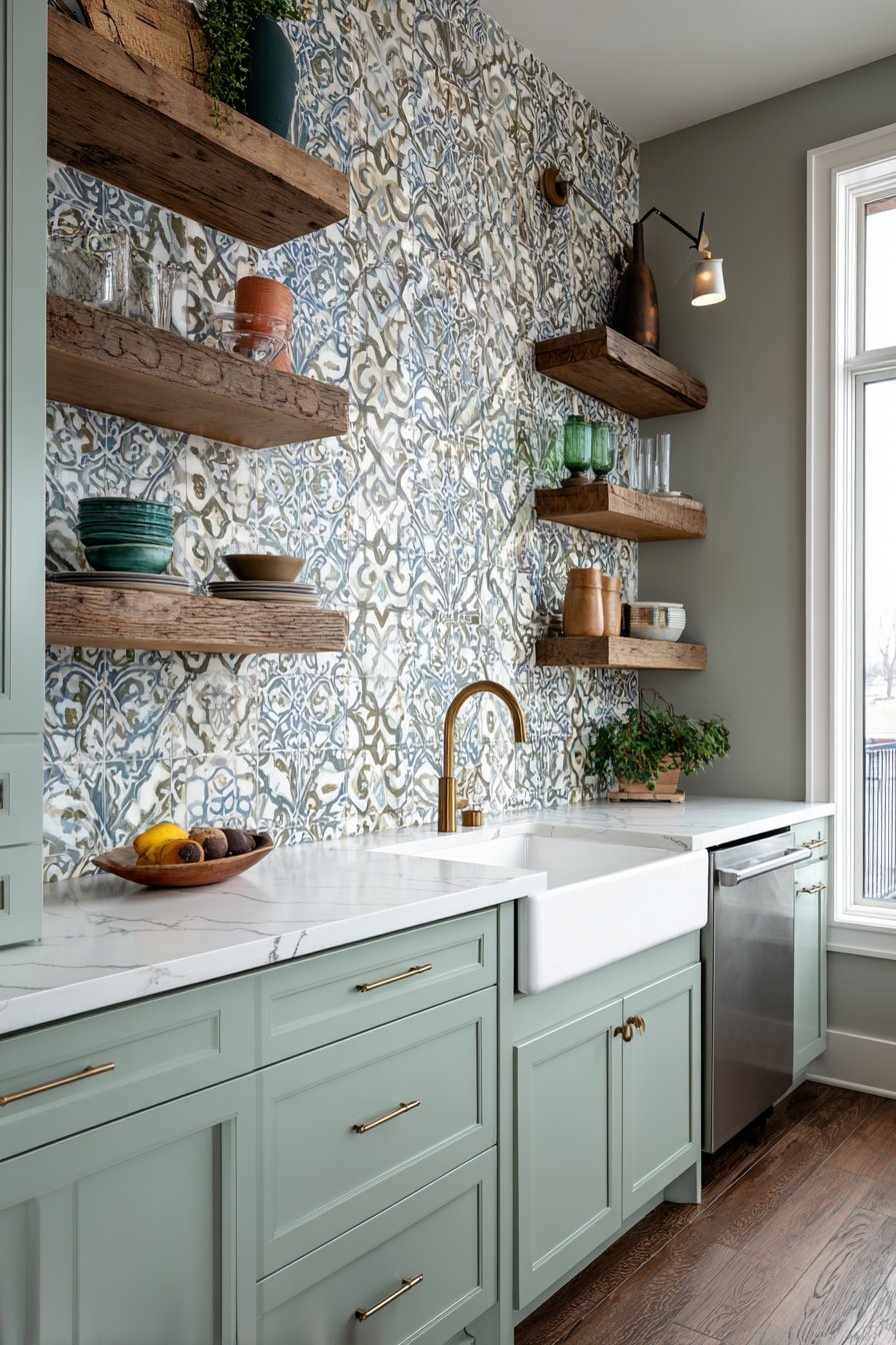 Mediterranean-Inspired Green Kitchen with Patterned Tile