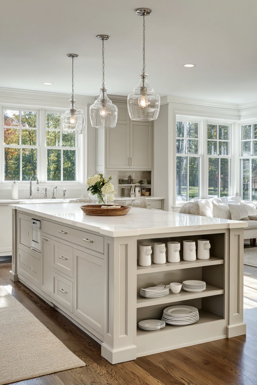 Light Grey Island Kitchen with Modern Pendants