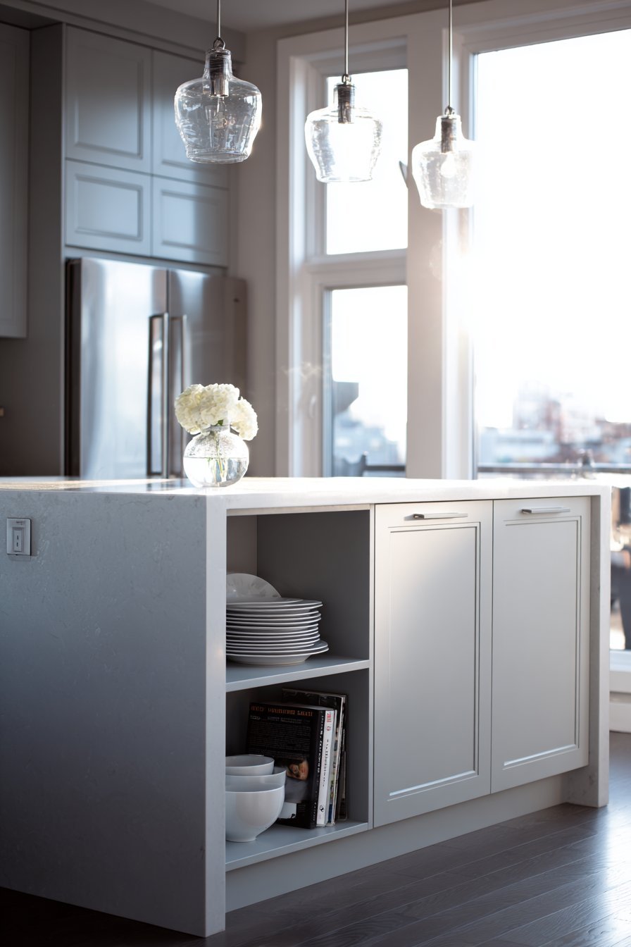 Light Grey Island Kitchen with Modern Pendants