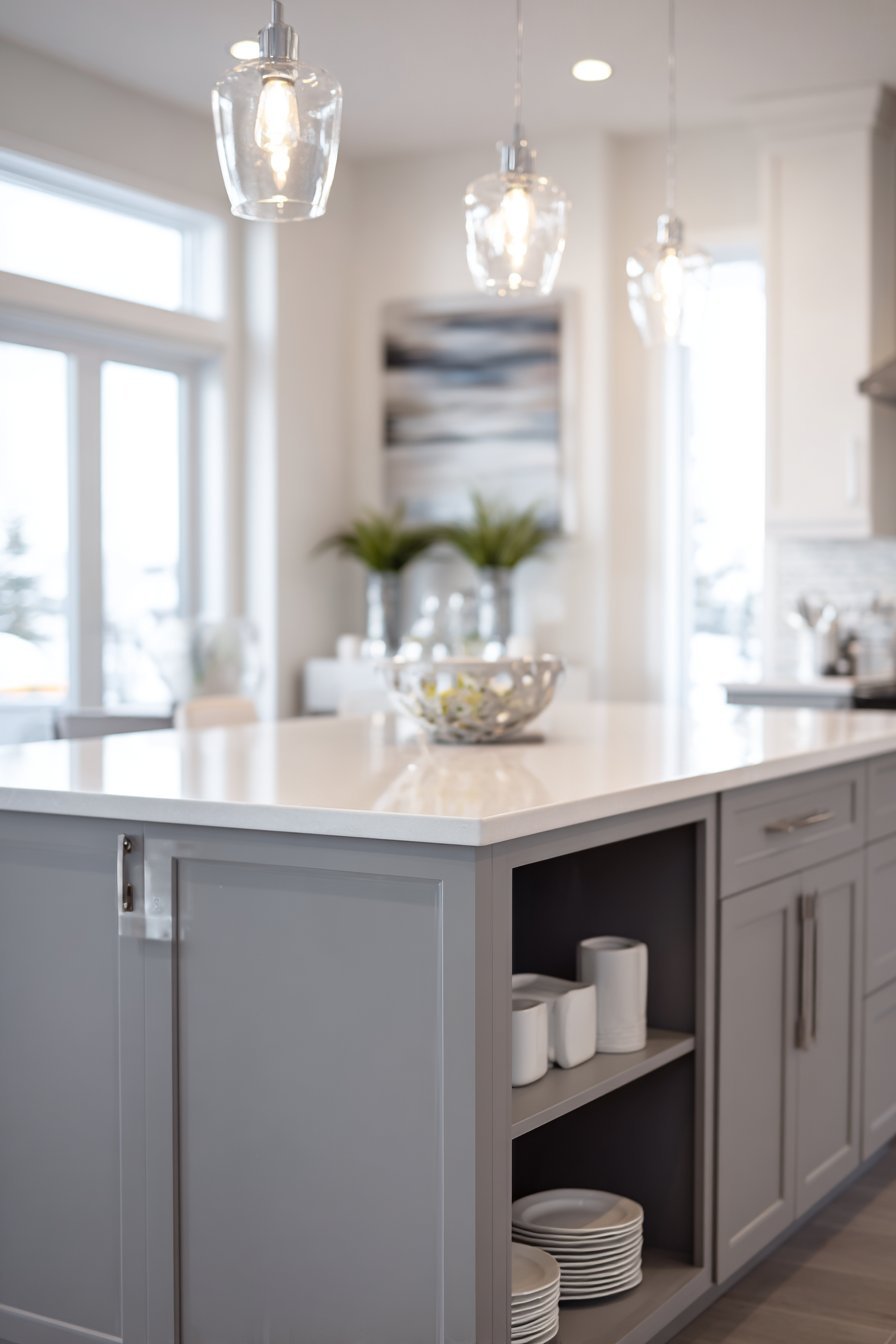 Light Grey Island Kitchen with Modern Pendants