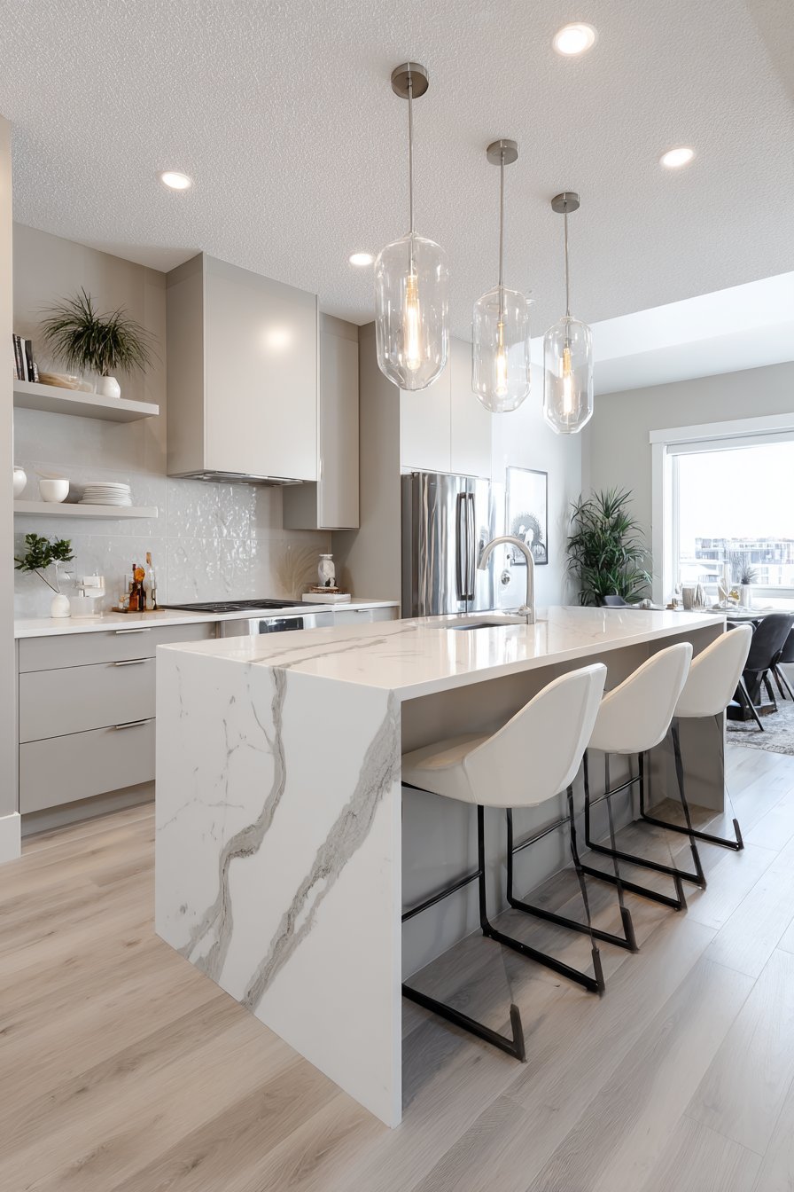 Light Grey Island Kitchen with Modern Pendants