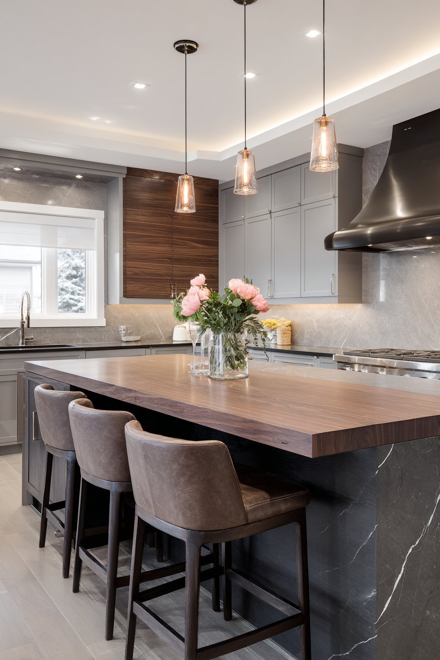 Two-Tone Grey Cabinetry with Porcelain Tile Drama