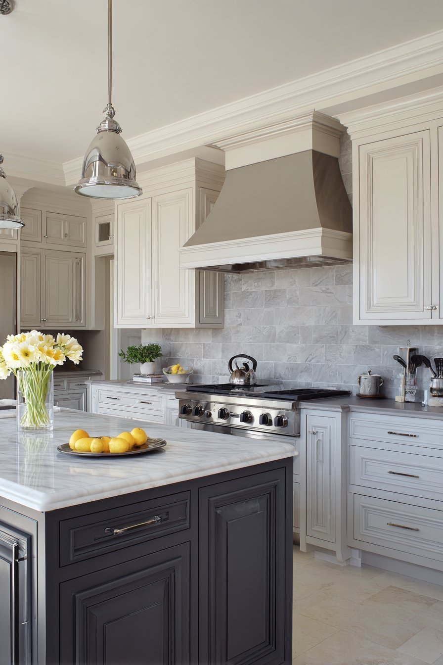 Two-Tone Grey Cabinetry with Porcelain Tile Drama
