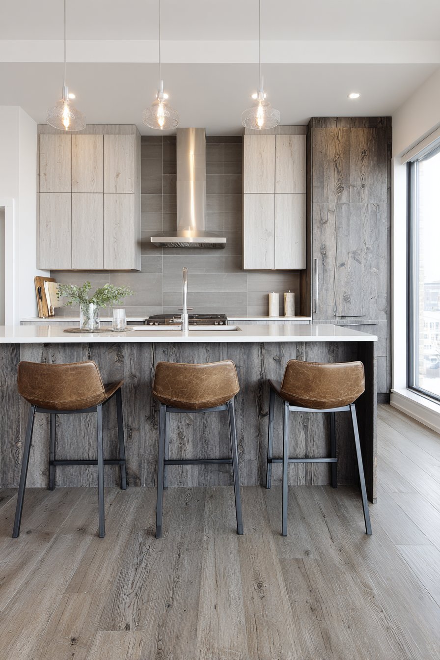 Two-Tone Grey Cabinetry with Porcelain Tile Drama