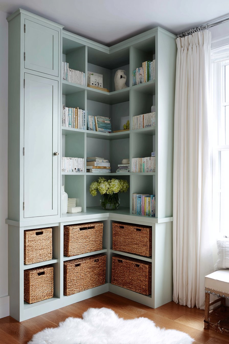 Custom Built-In Corner Unit with Sage Green Finish