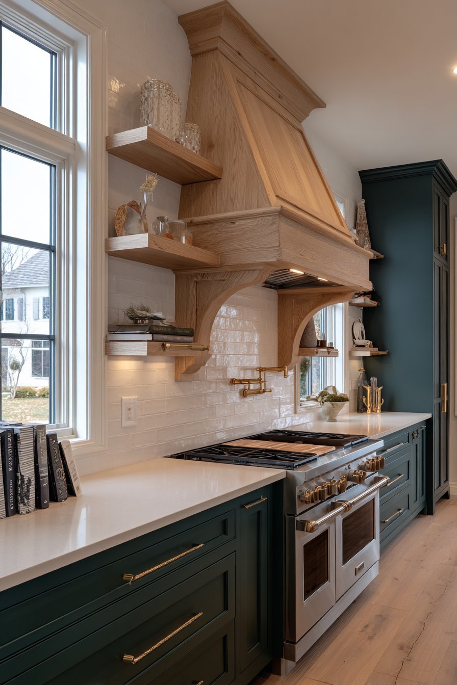 Professional Cooking Wall with Custom Wood Hood