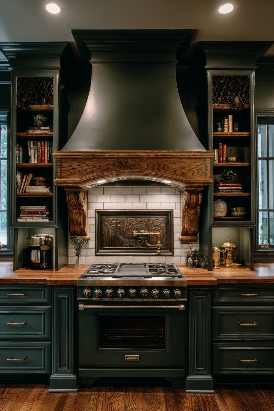 Professional Cooking Wall with Custom Wood Hood