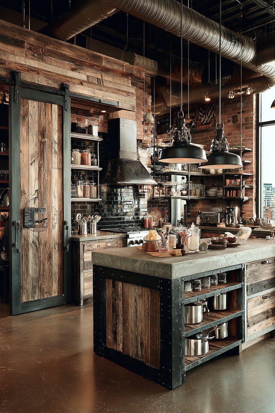 Weathered Wood Wall with Riveted Steel Island